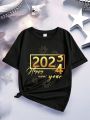 Teen Girls' Casual Short Sleeve T-Shirt With New Year Slogan Print