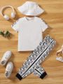 SHEIN Kids EVRYDAY Toddler Boys' Letter Printed Short Sleeve T-Shirt And Long Pants Set With Cap