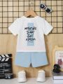 SHEIN Baby Boy's Casual Sporty Printed Round Neck T-Shirt And Shorts Set