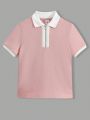 SHEIN Kids EVRYDAY 1pc Young Boy's Casual Solid Color Short Sleeve Polo Shirt With Texture Collar, Front Zipper, Comfortable And Breathable, Suitable For Spring/Summer School Time