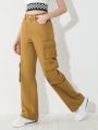 Teen Girls' Casual & Fashionable Workwear Style Multi-Pocket Denim Pants