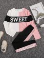 SHEIN Kids Nujoom Girls' Loose Fit Retro Style Color Block Splicing Letter Print T-shirt And Leggings Set