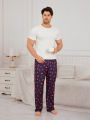 Men's Solid Color Short Sleeve T-Shirt And Lip Print Long Pants Homewear