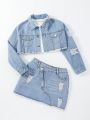Teen Girls' Vintage Basic Simple All-match Street Fashion Ripped Loose Comfortable Denim Two-piece Set