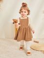 Cozy Cub Infant Girls' Solid Color Ruffled Long Sleeve Top And Overall Dress Set