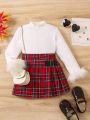 SHEIN Kids Academe Little Girls' Turtle Neck T-shirt With Raw Edged Sleeves And Grid Skirt Two Pieces Set