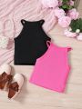 SHEIN Kids QTFun Young Girl'S 2pcs/Set Fashionable Halter Neck Top With Letter Pattern