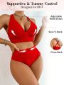 SHEIN DD+ Women'S Solid Color Textured Bikini Swimsuit Set With V-Neck