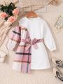 SHEIN Kids HYPEME Little Girls' Fashionable Plaid & Hollow Out Butterfly Knot Belted Dress For Autumn And Winter