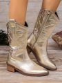 Elegant Women's Western Boots With Embroidery And Metallic Color, Fashionable Boots