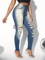 SHEIN SXY Women'S Distressed High-Waisted Washed Denim Jeans