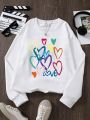 Teen Girls' Heart Print Long Sleeve Casual Sweatshirt