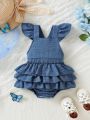 Baby Girl Soft And Stretchy Denim-Like Wrinkled Bodysuit With Ruffles