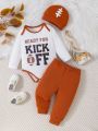 Baby Boys' Casual And Sporty Rugby Printed Long-sleeve Romper With Pants Set