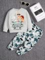 SHEIN Kids QTFun 2pcs/Set Little Boys' Casual College Style, Comfortable, Fashionable, Basic, Soft, Playful And Interesting Animal Pattern Round Neck Sweatshirt And Long Pants. Suitable For Spring, Autumn And Winter