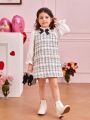 SHEIN Kids FANZEY Young Girl Elegant Stand Collar Dress With Ruffle Trim And Bow Decor
