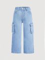 SHEIN Young Girls' Casual Fashionable Straight-Leg Jeans With Washed Finish And Side Pockets