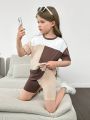 SHEIN Kids SUNSHNE Young Girls' Knitted Two Piece Set Including Loose Fit Color Block Top And Matching Shorts