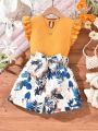 SHEIN Kids SUNSHNE Girls' Flying Sleeve Ribbed Top And Botanical Printed Shorts 2pcs/Set