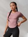 SHEIN Teen Girls' Knitted Solid Color Crossed Back Hollow Out Sports T-Shirt 2pcs/Set