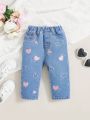 SHEIN Baby Girl's Cute Y2k Style Love Heart Embroidered Jeans In Light Wash Blue