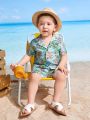 SHEIN Baby Boy/Girl Floral Pattern Collar Button-Up Short Sleeve Top And Casual Shorts 2pcs Outfit