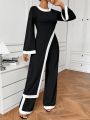 SHEIN Privé Women's Contrast Trim Bell Sleeve Split T-Shirt And Pants Set