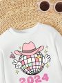 Baby Girls' Casual Long Sleeve Round Neck Fleece Pullover With 2024 New Year's Print, Suitable For Autumn/Winter