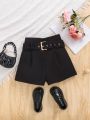SHEIN Kids HYPEME Tween Girls' Urban Chic Spring/Summer Woven Solid Color High Waist Straight Shorts