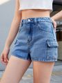 SHEIN Teen Girls Flap Pocket Denim Shorts