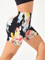 SHEIN Yoga Floral Floral Print Elastic Waistband Sports Shorts
