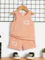 SHEIN Baby Boy Casual Comfortable Smiling Face Printed Vest And Shorts Set