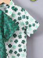 SHEIN Kids SUNSHNE Young Boys' Short Sleeve St. Patrick's Day Lucky Clover Green Comfortable Versatile Shirt