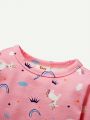 Cozy Cub Baby Girl Snug Fit Unicorn Patterned Round Neck Top And Footed Pants Pajama Set