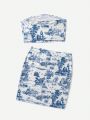 SHEIN WYWH Women's Vacation Style Printed Strapless Crop Top And Skirt Set