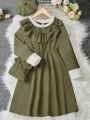 Girls' Corduroy Hooded Dress With Trim, Warm And Elegant, With Bag Attached