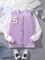 Teen Girls' Casual Street-Style Simple College Alphabet Color-Block Jacket