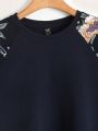 SHEIN CURVE+ Plus Size Floral Print Contrast Insert Raglan Sleeve Sweatshirt