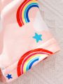 SHEIN Young Girls' Knitted Cloud & Rainbow Pattern Round Neck Tight-Fitting Top And Tights Homewear Set