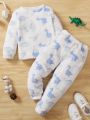 SHEIN Boys' Casual Comfortable Dinosaur Print Hooded Long Sleeve Sweatshirt And Pants Set For Autumn