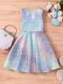 SHEIN Kids Y2Kool Young Girl Sweet & Cool Laser Colored Printing Sleeveless A-Line Dress For Spring/Summer