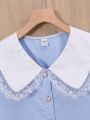 SHEIN Teen Girl's Woven Color Block Lace Trim Doll Collar Button Up Casual Shirt