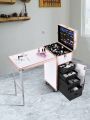 BYOOTIQUE Foldable Rolling Manicure Table Nail Desk Makeup Train Case Cosmetic Trolley Travel Storage Organizer Nail Tables with 4 Drawers Mirror & Speaker for Technician Workstation Mua Salon