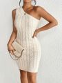 SHEIN LUNE One Shoulder Cable Knit Bodycon Sweater Dress