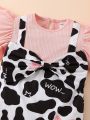 Baby Girls' Cow Print Star & Letter Print Splice Jumpsuit With Ruffle Hemline