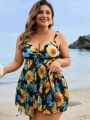 SHEIN Swim Classy Plus Size Women's Sunflower Pattern Vest Style Bikini