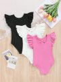 SHEIN Kids Y2Kool Toddler Girls' Fashionable Sweetheart Neck Knitted Solid Color Flying Sleeve Bodysuit, 2pcs/Set
