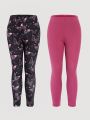 Young Girls' Spring 2pcs Set Butterfly Printed Top & Solid Color Casual Long Leggings
