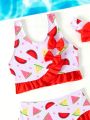 Baby Girl Watermelon Heart Printed Two Piece Swimming Suit With Color Blocking Ruffles