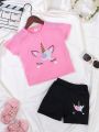 Young Girl Unicorn Pink Top And Black Shorts Set